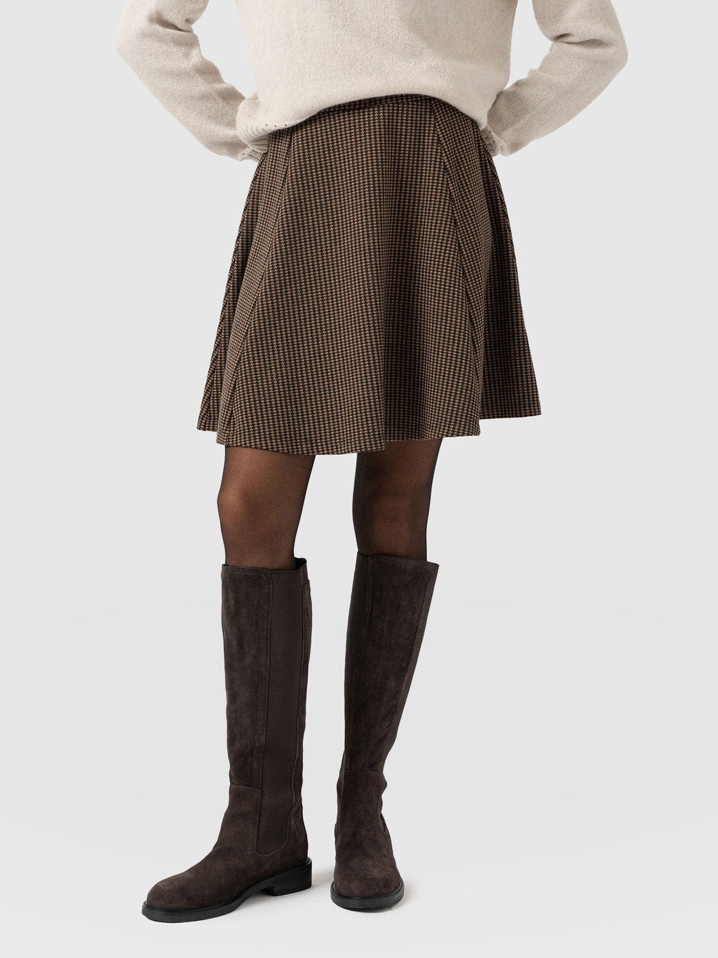 Macie Mini Skirt - Brown Mini Houndstooth