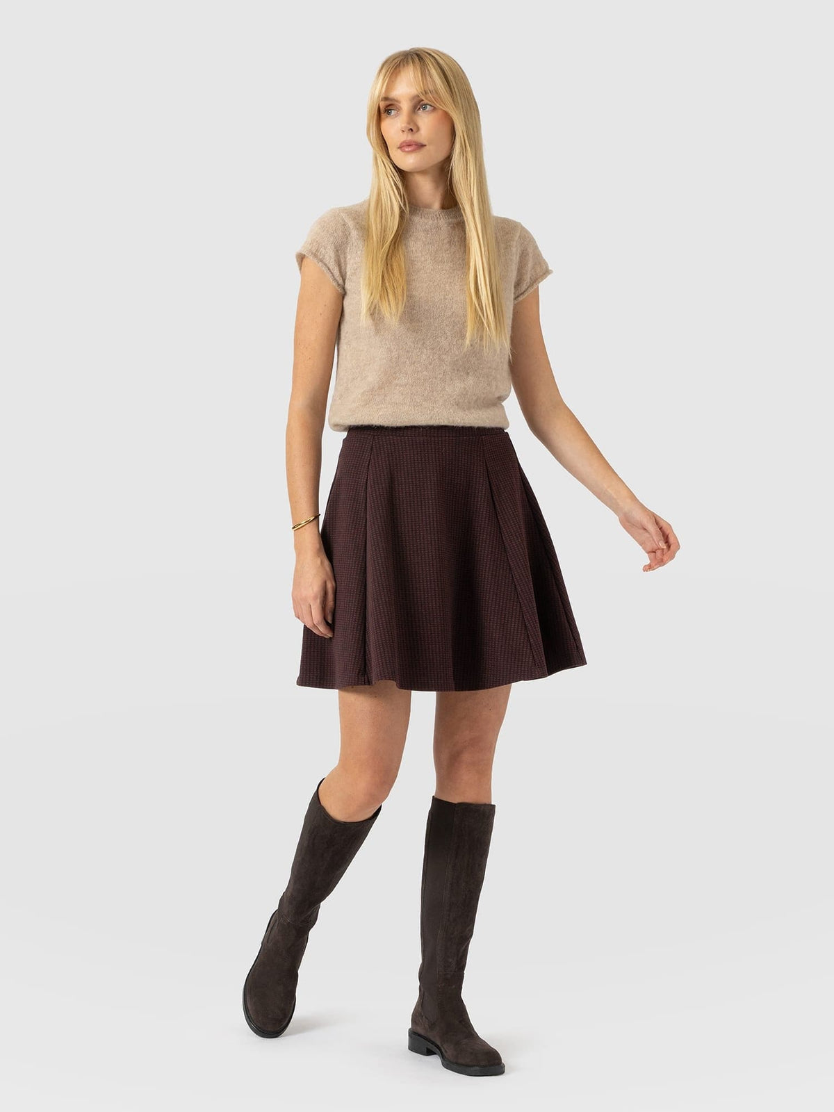Macie Mini Skirt - Burgundy Mini Houndstooth
