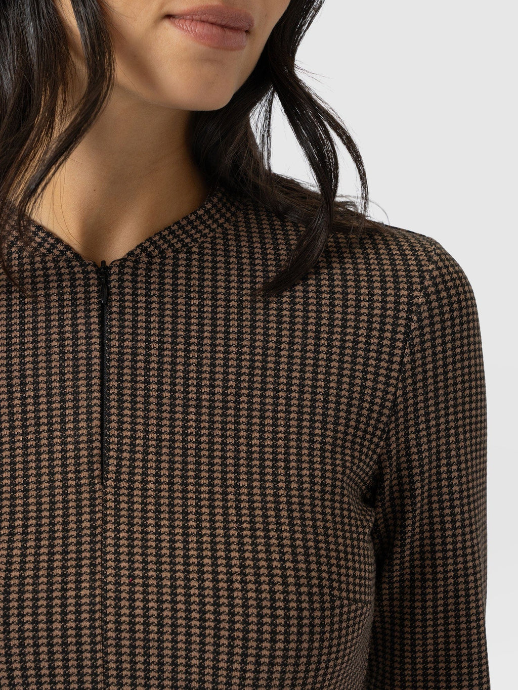 Macie Zip Up Dress - Brown Mini Houndstooth