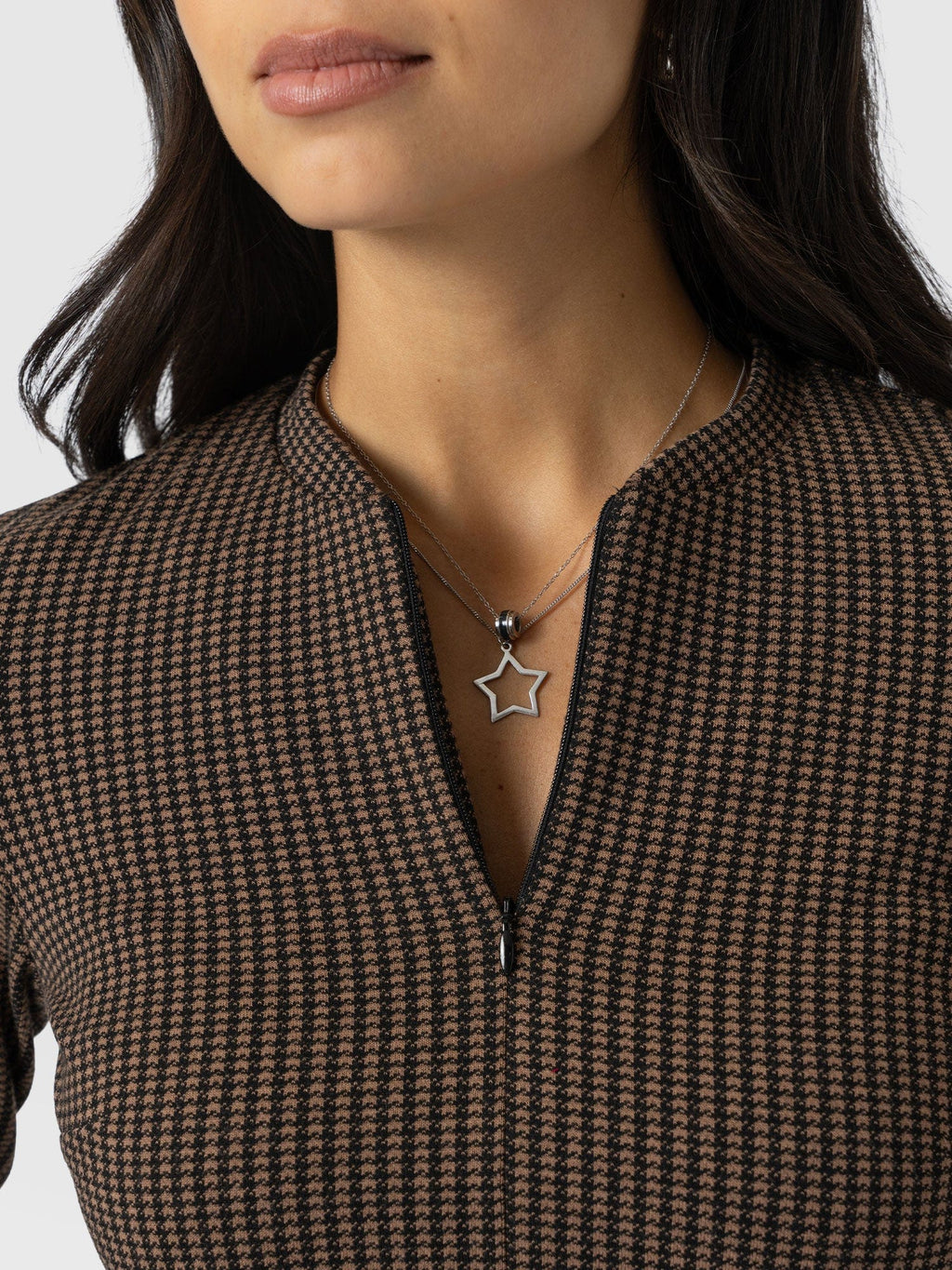 Macie Zip Up Dress - Brown Mini Houndstooth