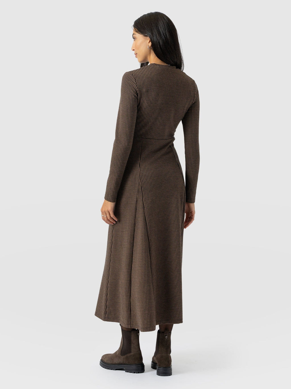 Macie Zip Up Dress - Brown Mini Houndstooth