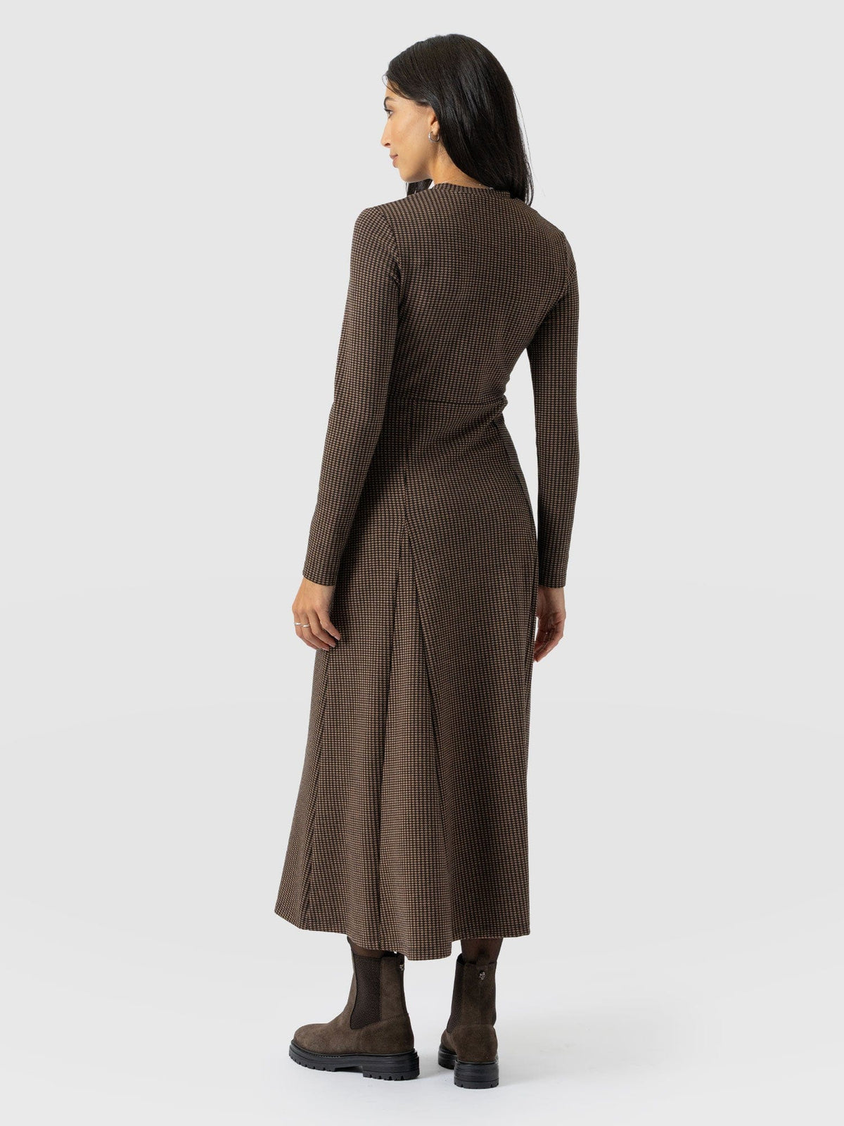Macie Zip Up Dress - Brown Mini Houndstooth