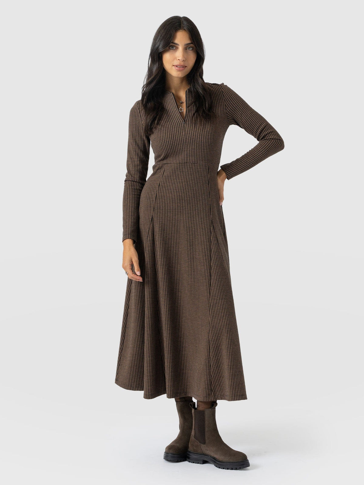 Macie Zip Up Dress - Brown Mini Houndstooth