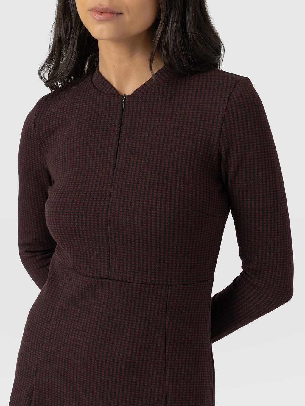 Macie Zip Up Dress - Burgundy Mini Houndstooth