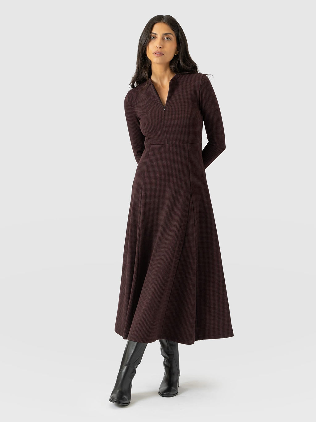 Macie Zip Up Dress - Burgundy Mini Houndstooth