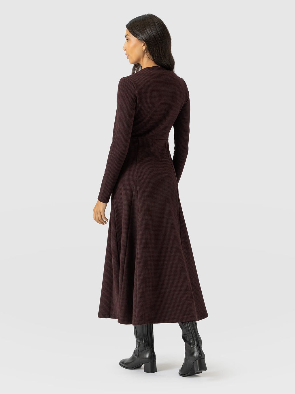 Macie Zip Up Dress - Burgundy Mini Houndstooth