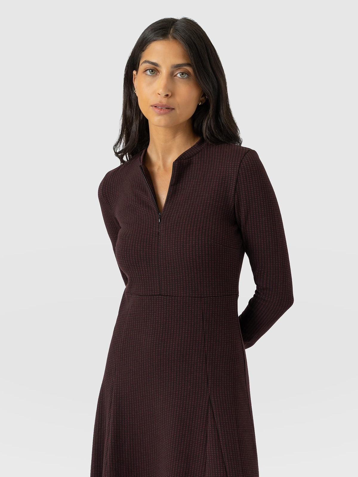 Macie Zip Up Dress - Burgundy Mini Houndstooth