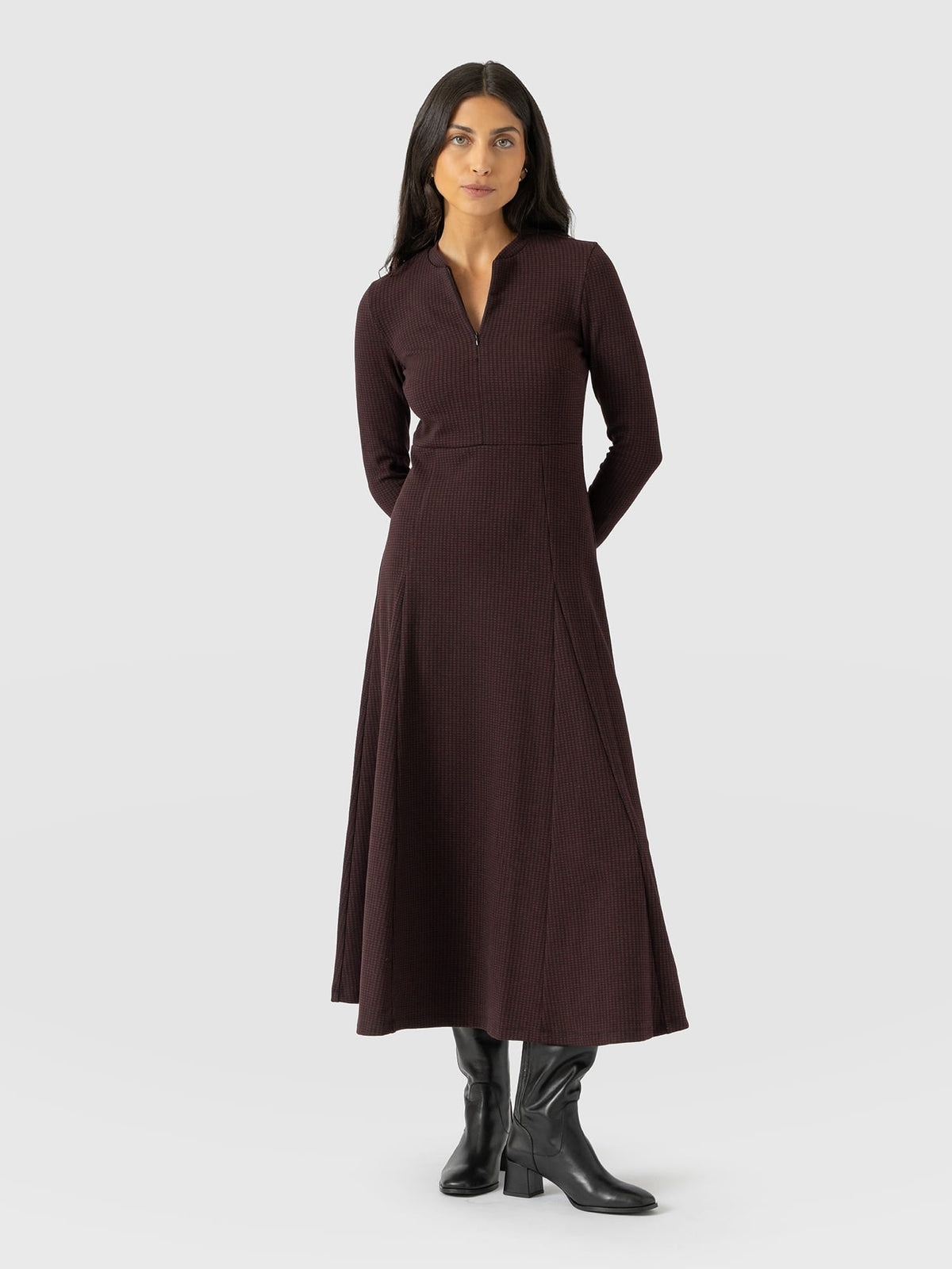 Macie Zip Up Dress - Burgundy Mini Houndstooth