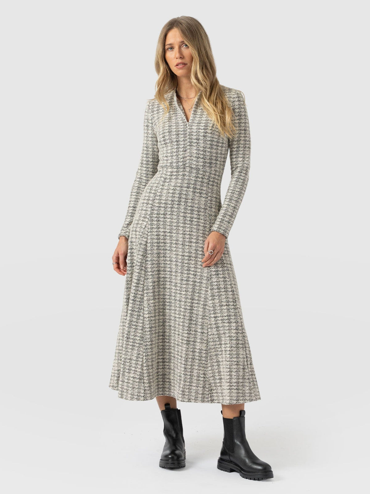 Macie Zip Up Dress - Cream Boucle