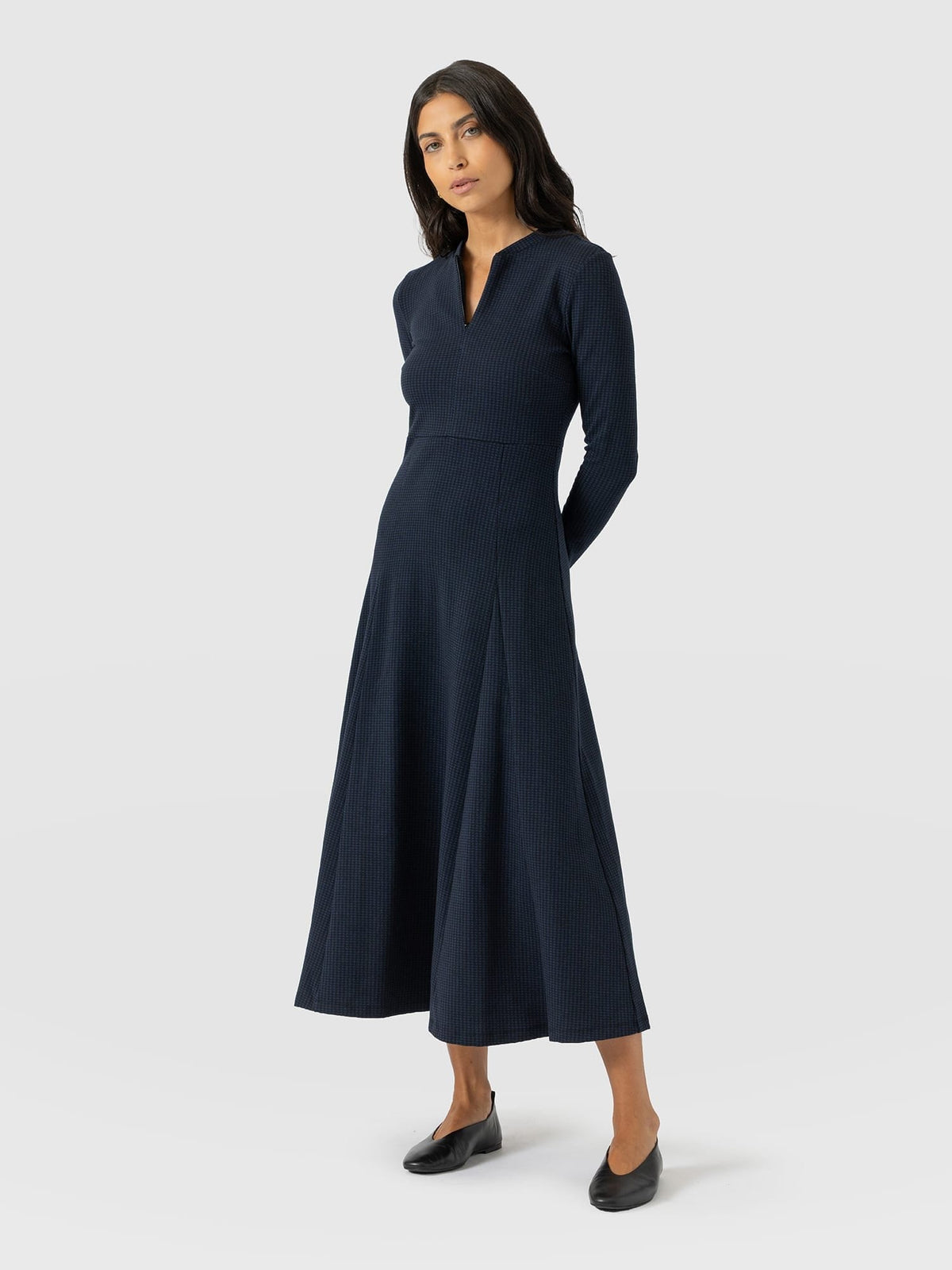 Macie Zip Up Dress - Navy Mini Houndstooth