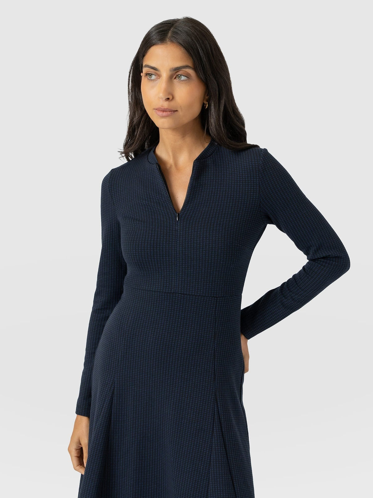 Macie Zip Up Dress - Navy Mini Houndstooth
