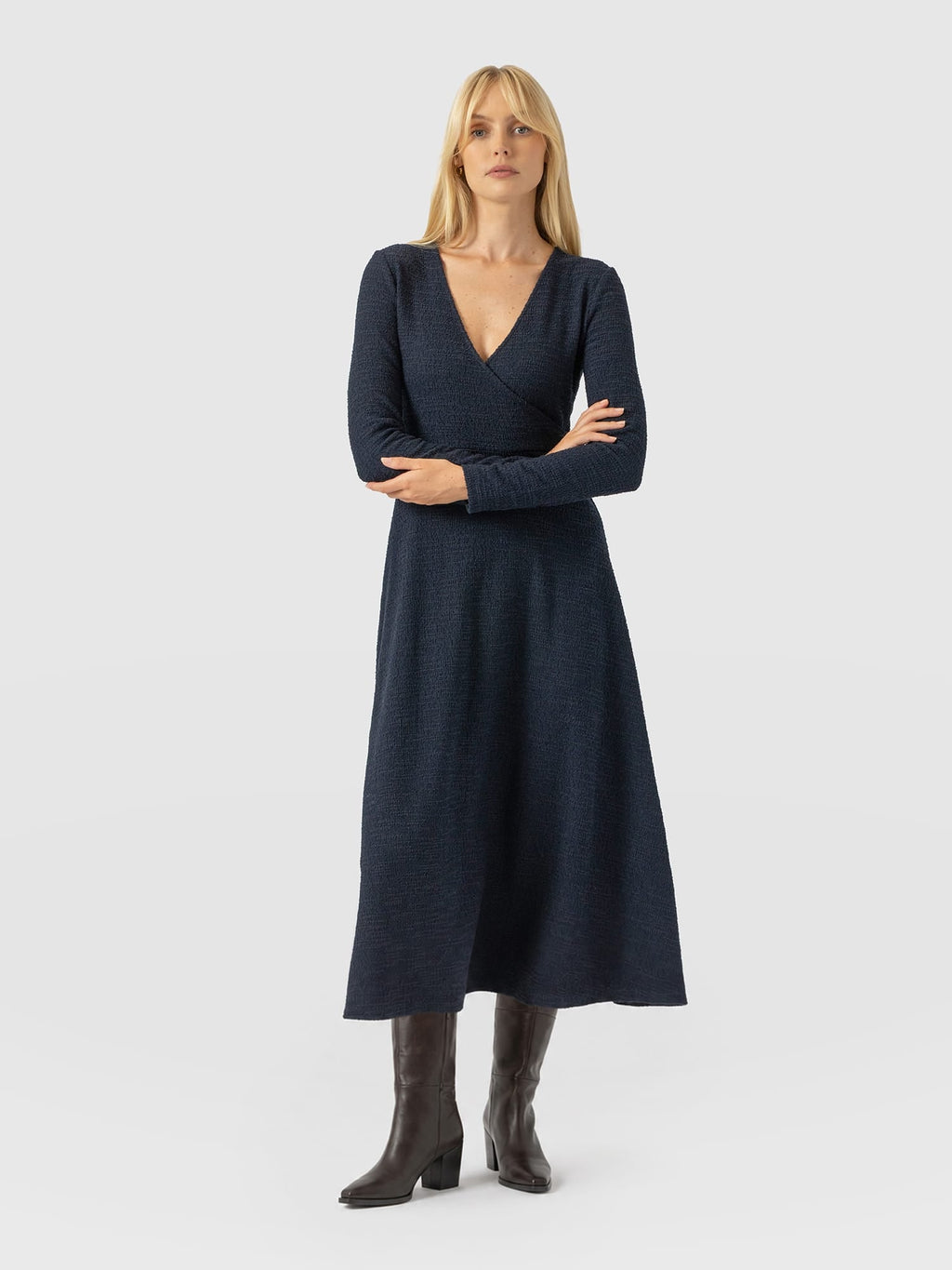 Maggie Wrap Midi Dress - Navy Boucle