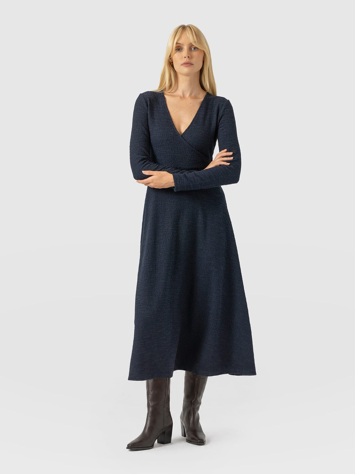 Maggie Wrap Midi Dress - Navy Boucle