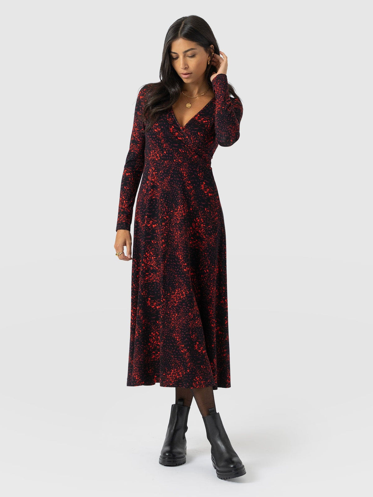 Maggie Wrap Midi Dress - Red Fade Spot