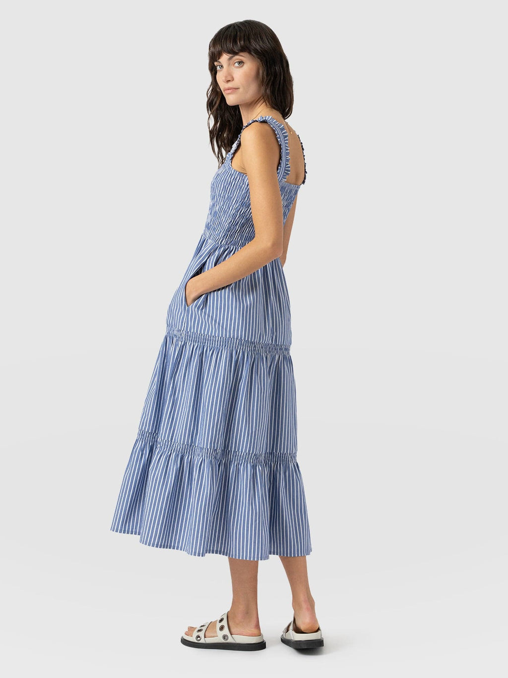 Maya Shirring Dress - Blue Stripe