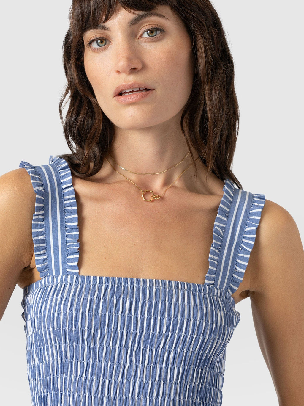 Maya Shirring Dress - Blue Stripe