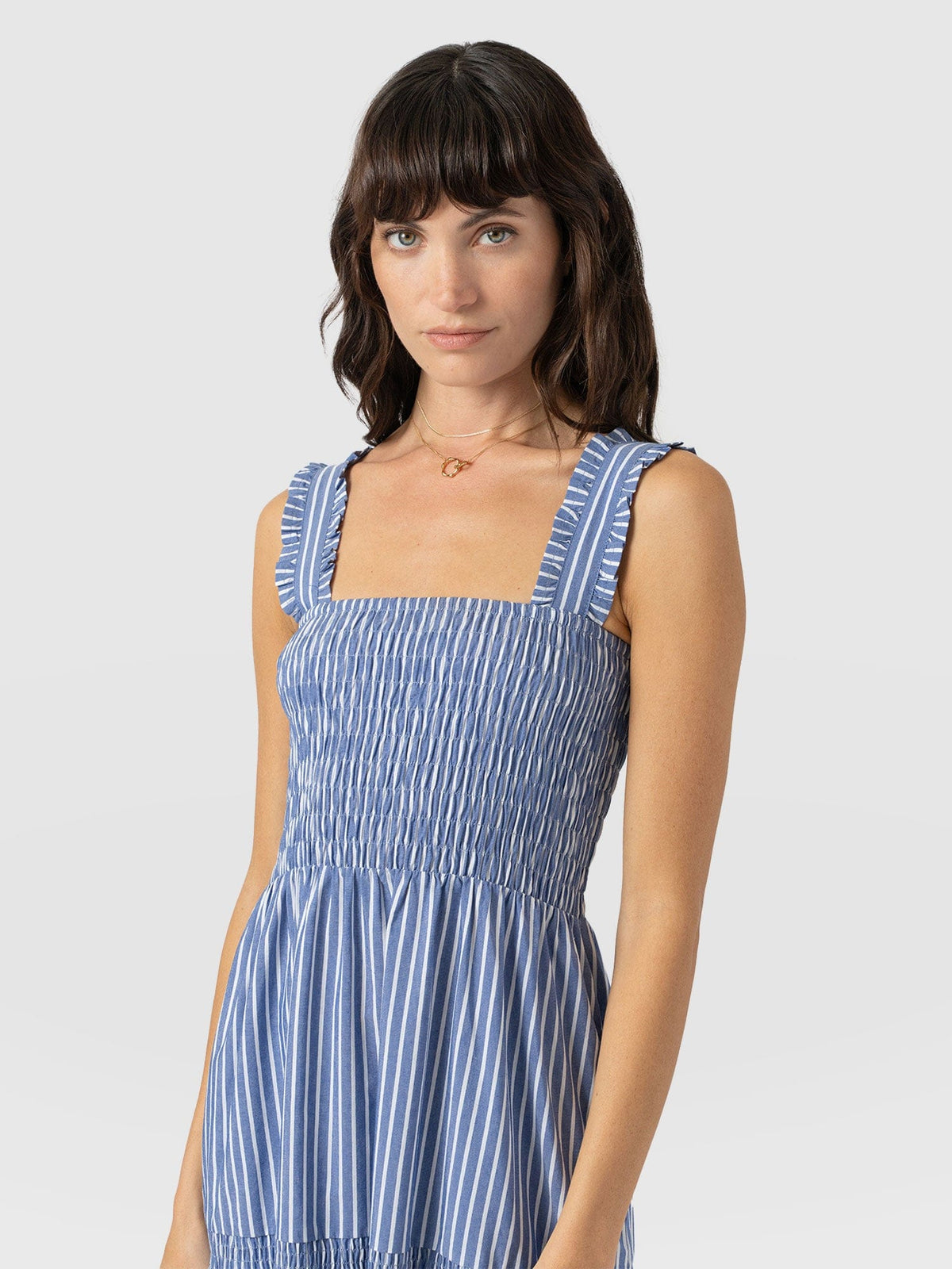 Maya Shirring Dress - Blue Stripe