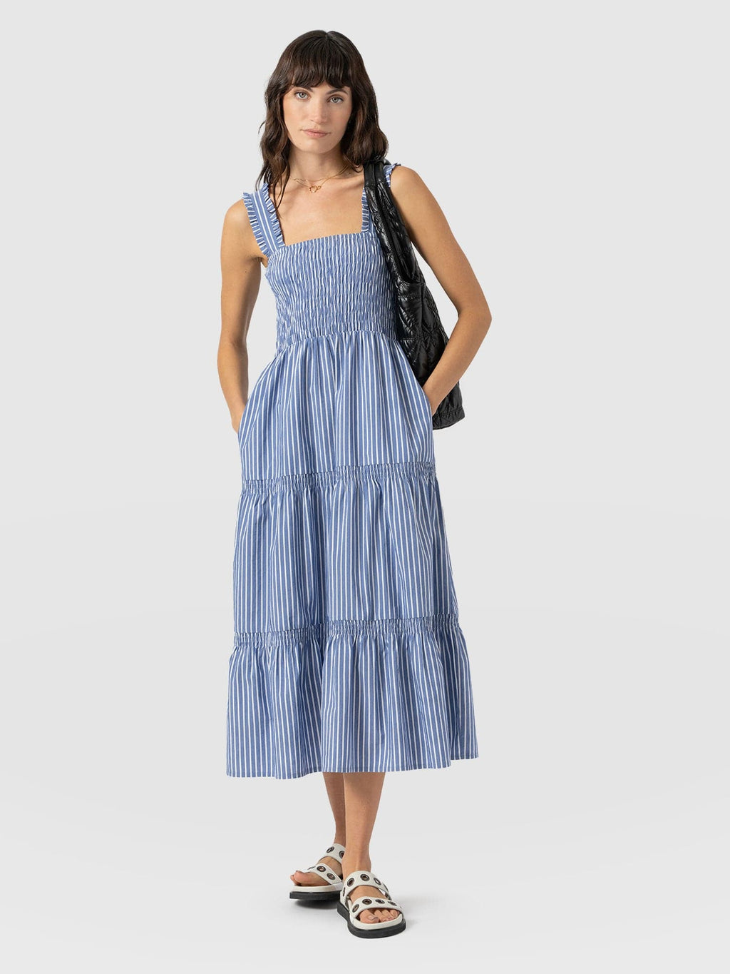 Maya Shirring Dress - Blue Stripe