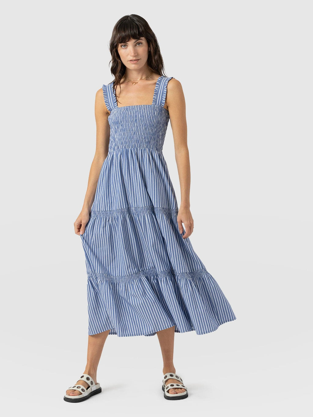 Maya Shirring Dress - Blue Stripe
