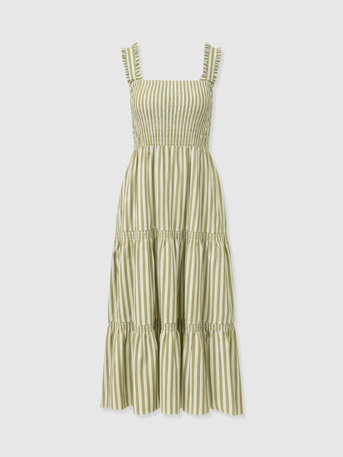 Maya Shirring Dress - Green Stripe