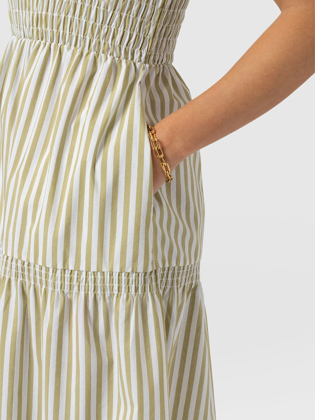 Maya Shirring Dress - Green Stripe