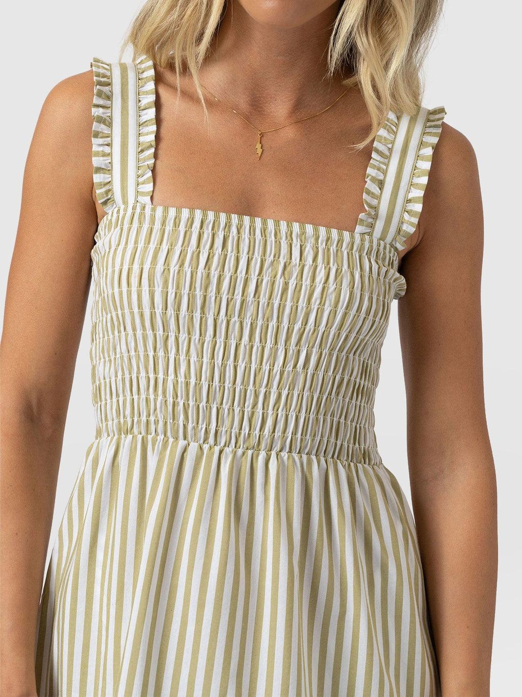 Maya Shirring Dress - Green Stripe