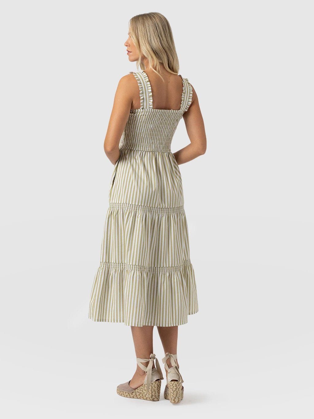 Maya Shirring Dress - Green Stripe