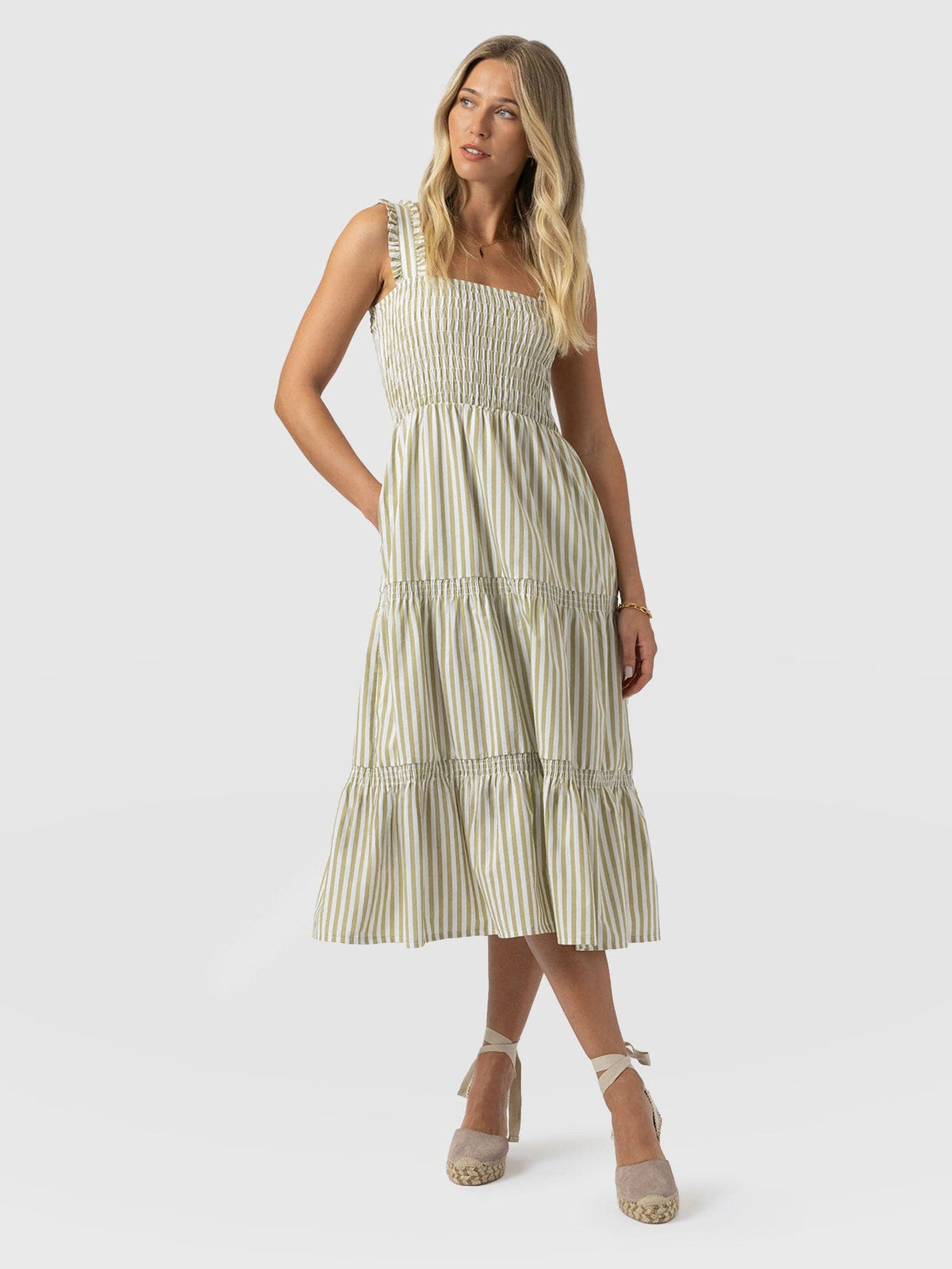 Maya Shirring Dress - Green Stripe