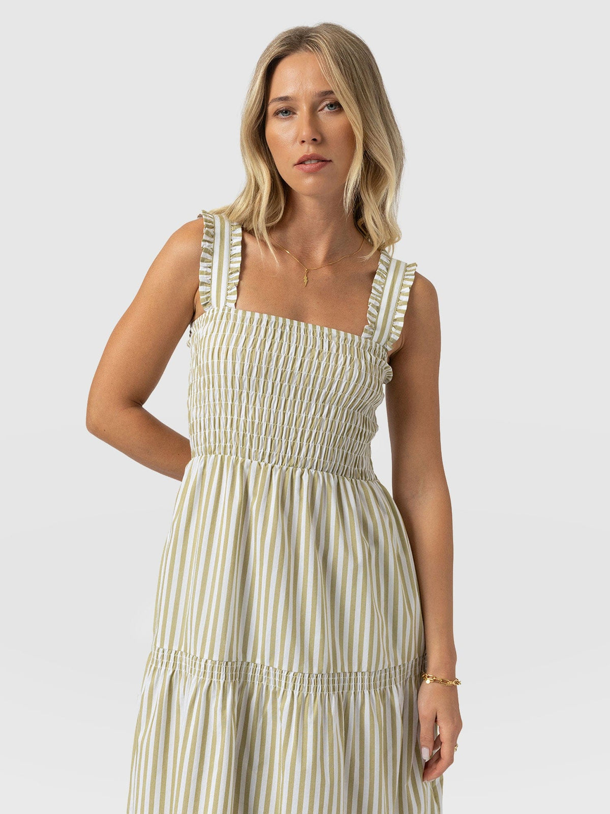 Maya Shirring Dress - Green Stripe