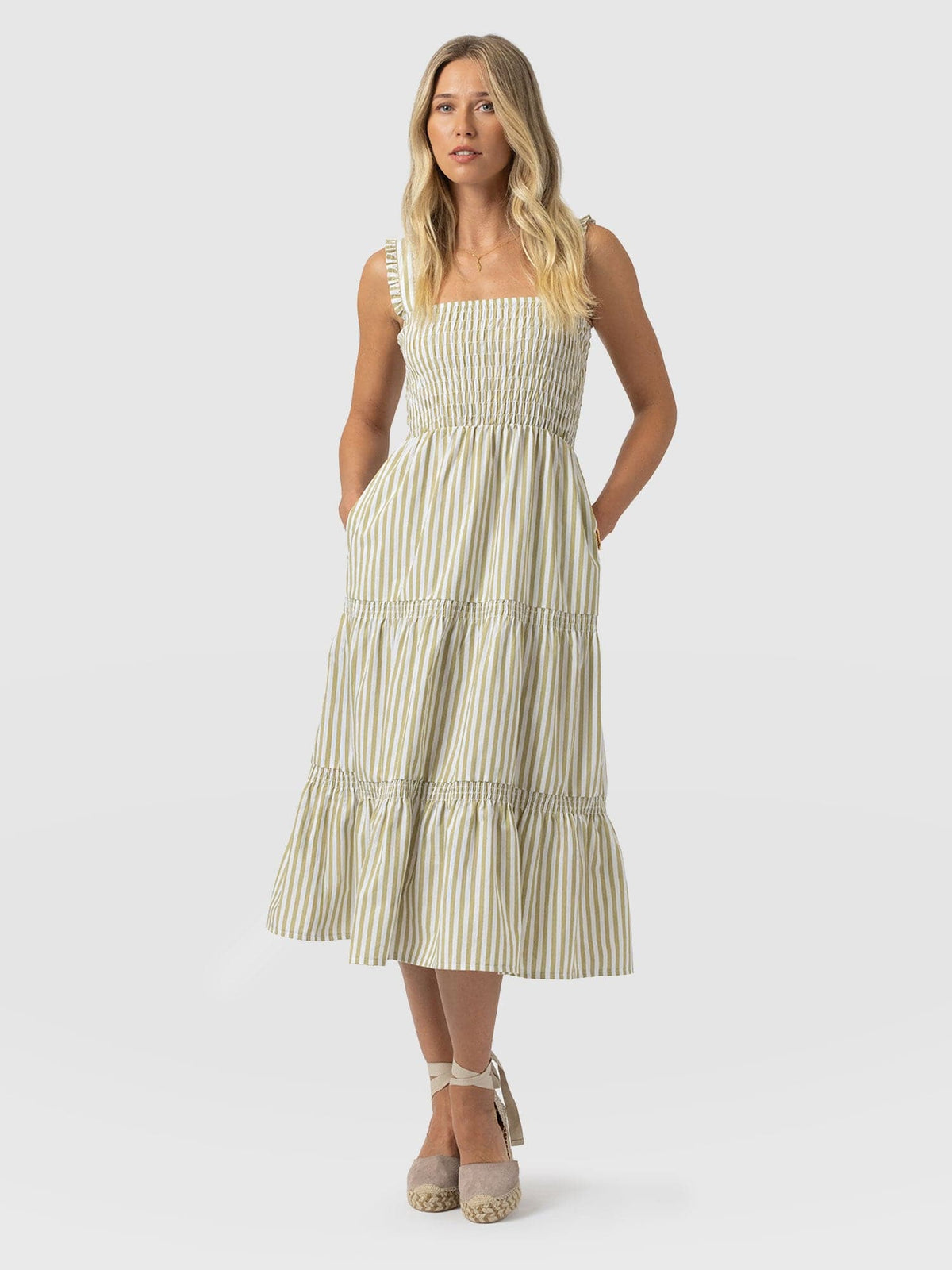 Maya Shirring Dress - Green Stripe