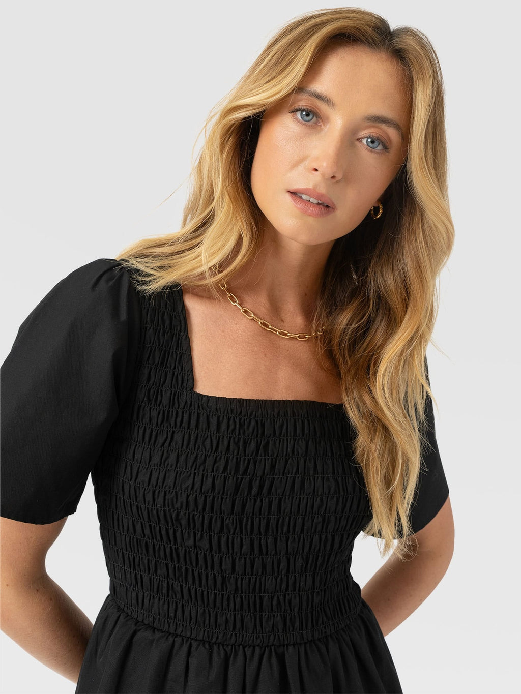 Maya Shirring Peplum Top - Black