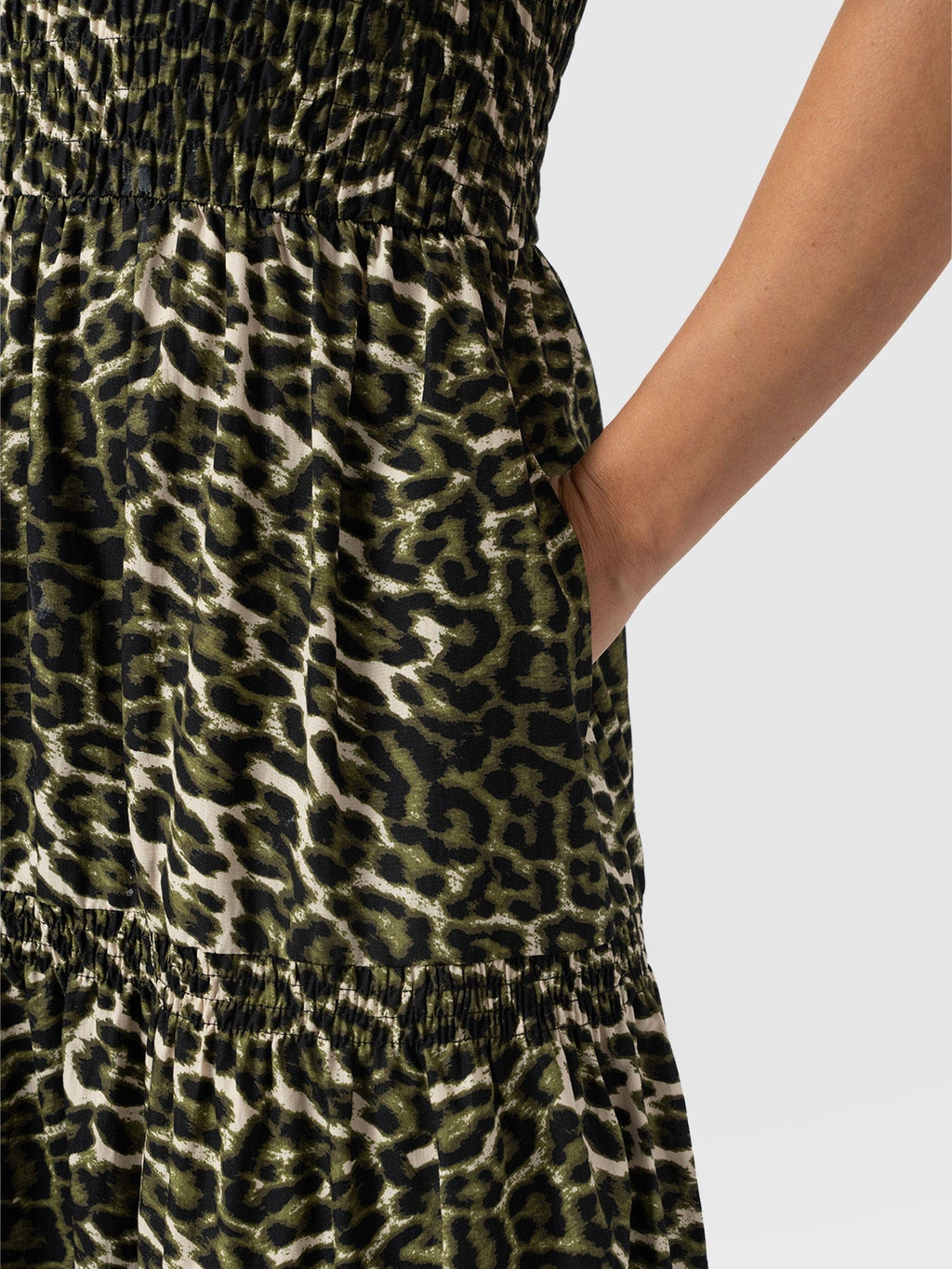 Maya Shirring Short Sleeve Dress - Green Leopard
