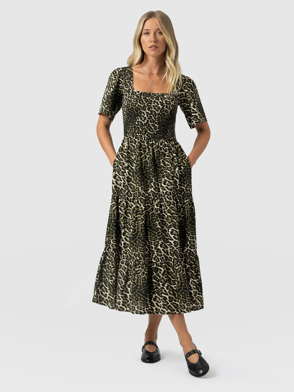 Maya Shirring Short Sleeve Dress - Green Leopard