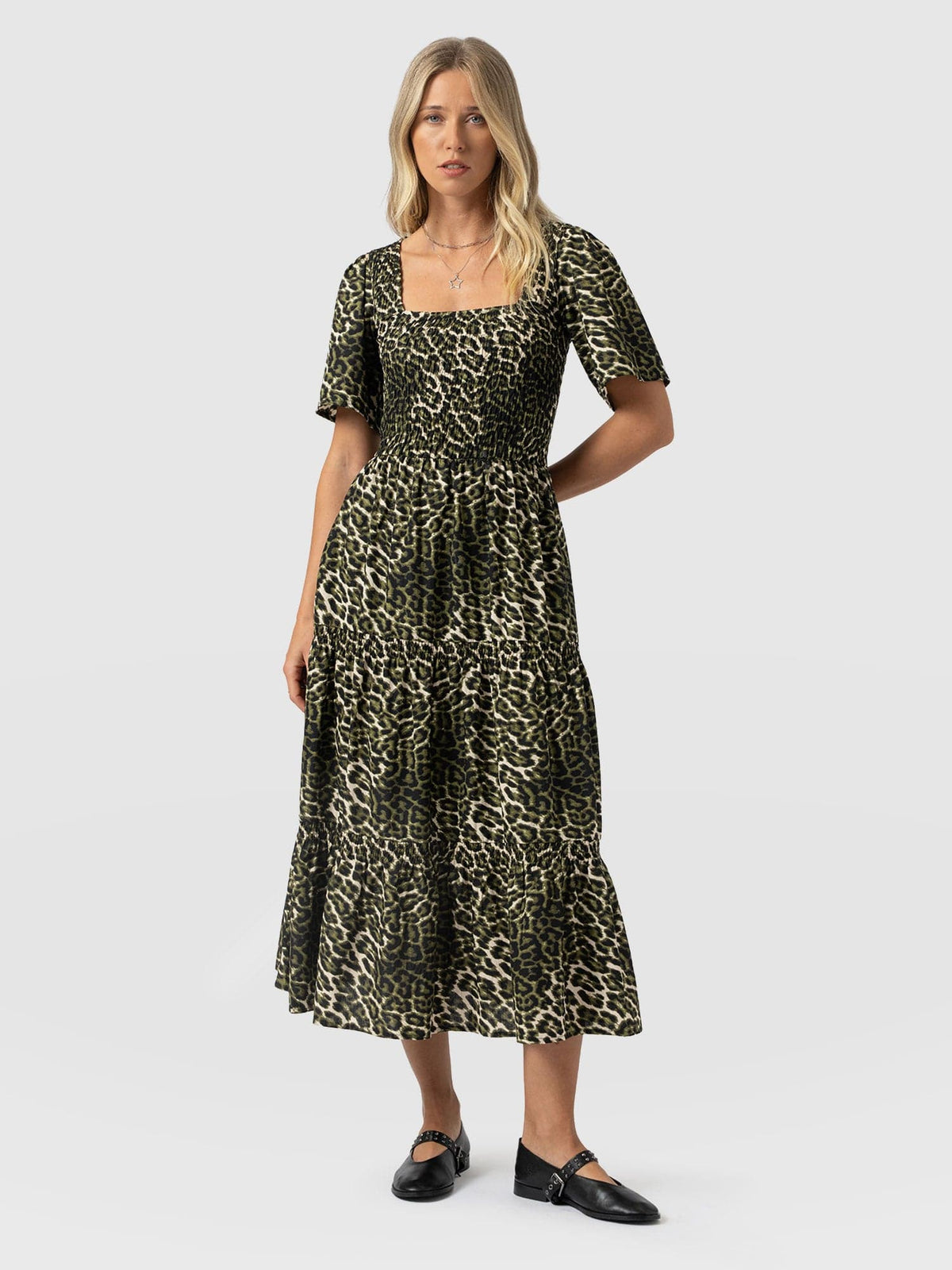 Maya Shirring Short Sleeve Dress - Green Leopard