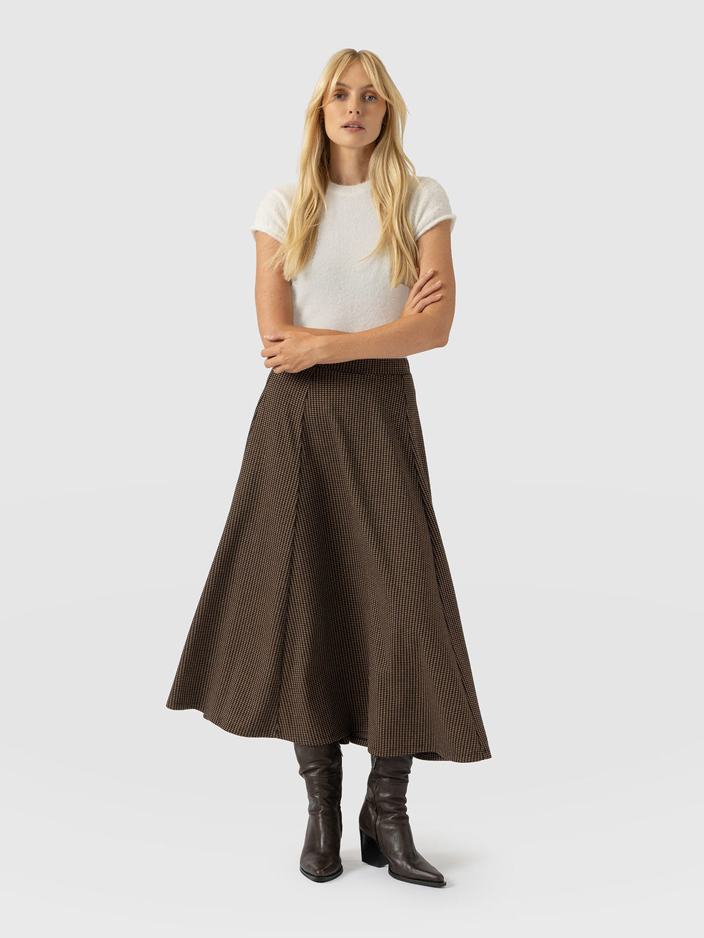 Neve Fit & Flare Skirt - Brown Mini Houndstooth