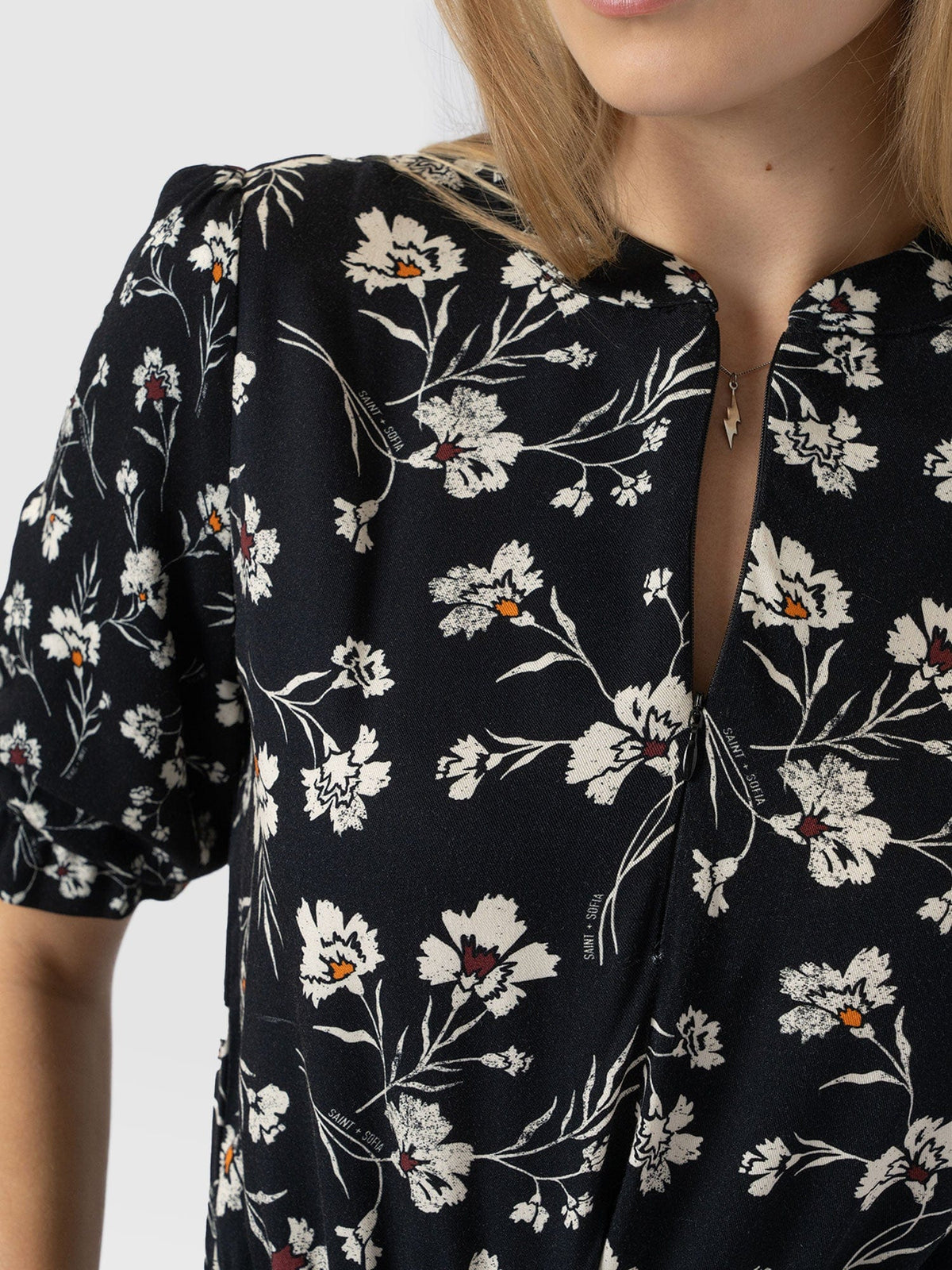 Olivia Zip Up Short Sleeve Dress - Black Spring Floral