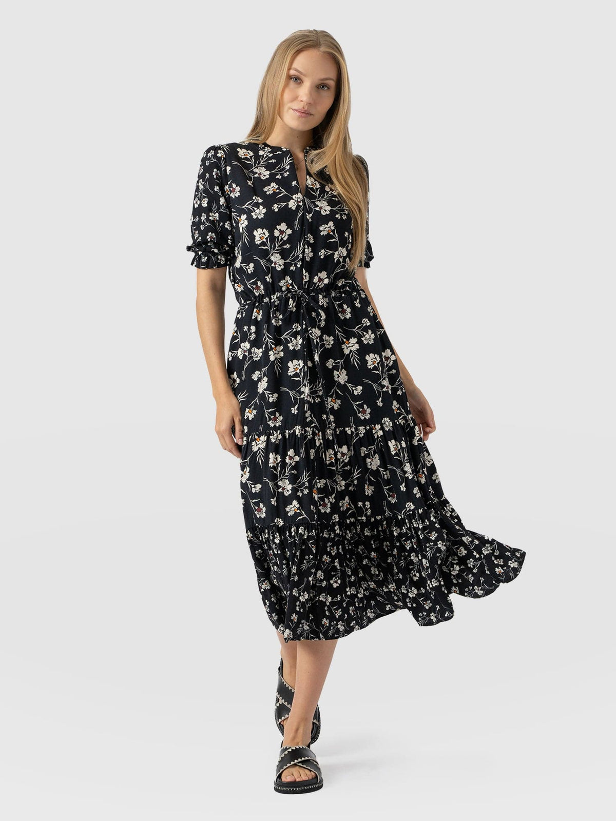 Olivia Zip Up Short Sleeve Dress - Black Spring Floral