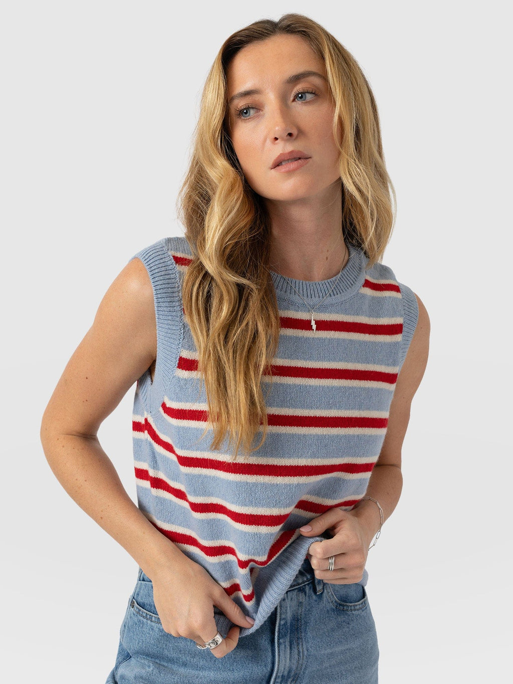 Oxford Cashmere Sleeveless Knit - Blue Stripe