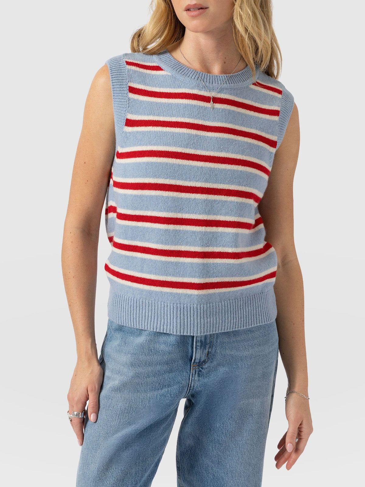Oxford Cashmere Sleeveless Knit - Blue Stripe