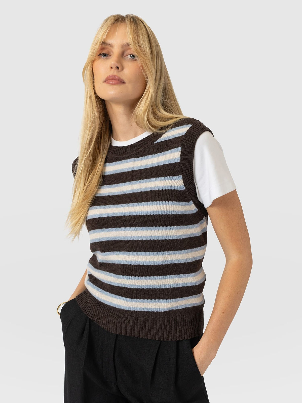Oxford Cashmere Sleeveless Knit - Brown Stripe