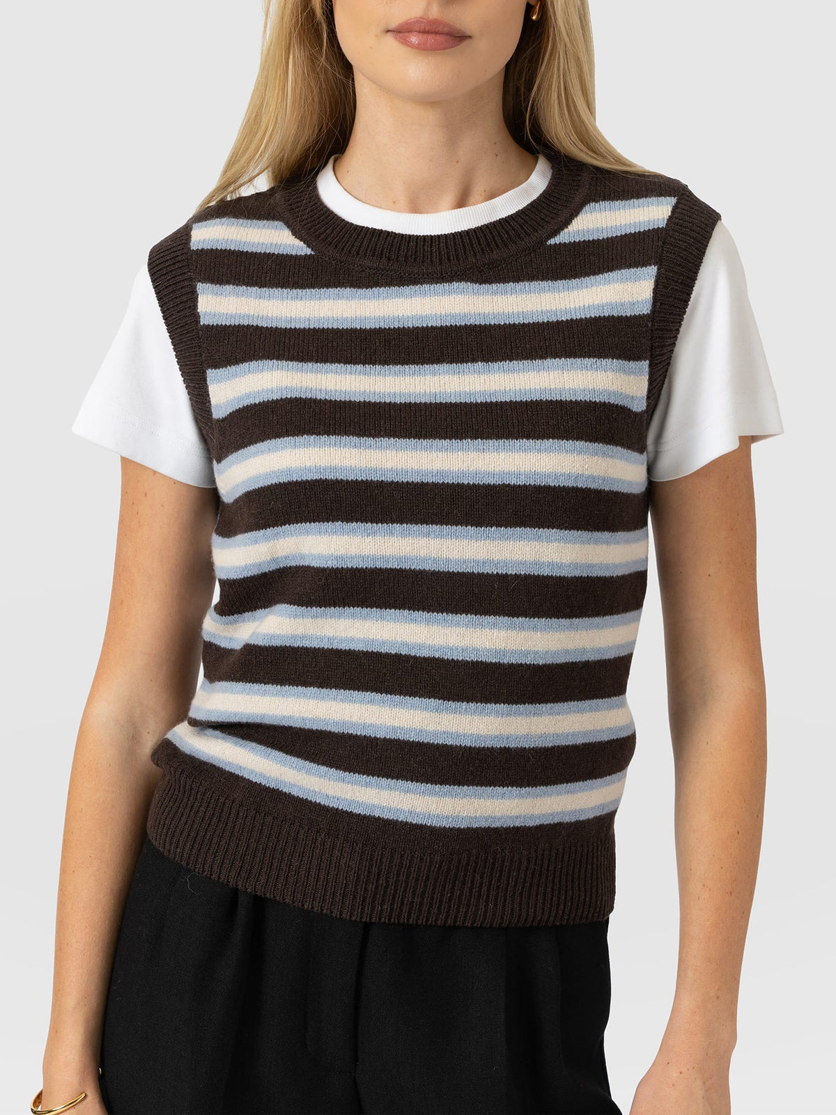 Oxford Cashmere Sleeveless Knit - Brown Stripe