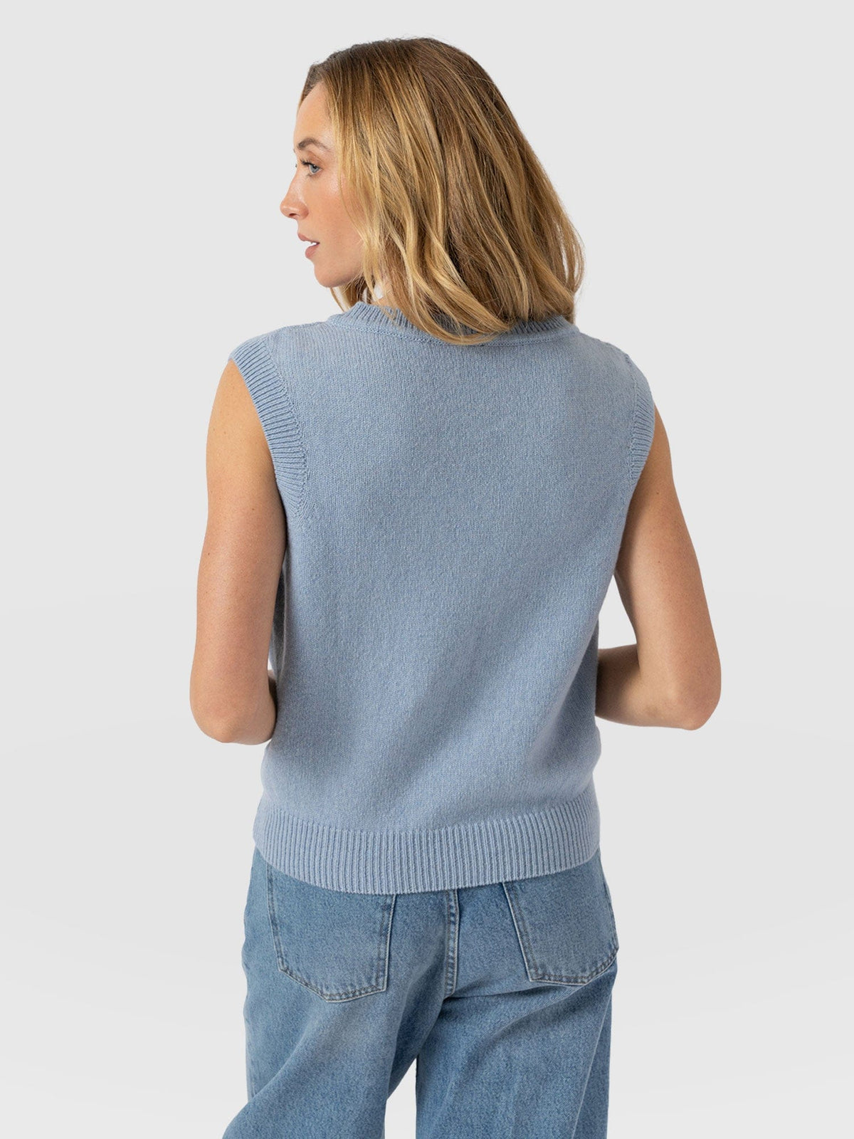 Oxford Cashmere V Neck Sleeveless Knit - Blue