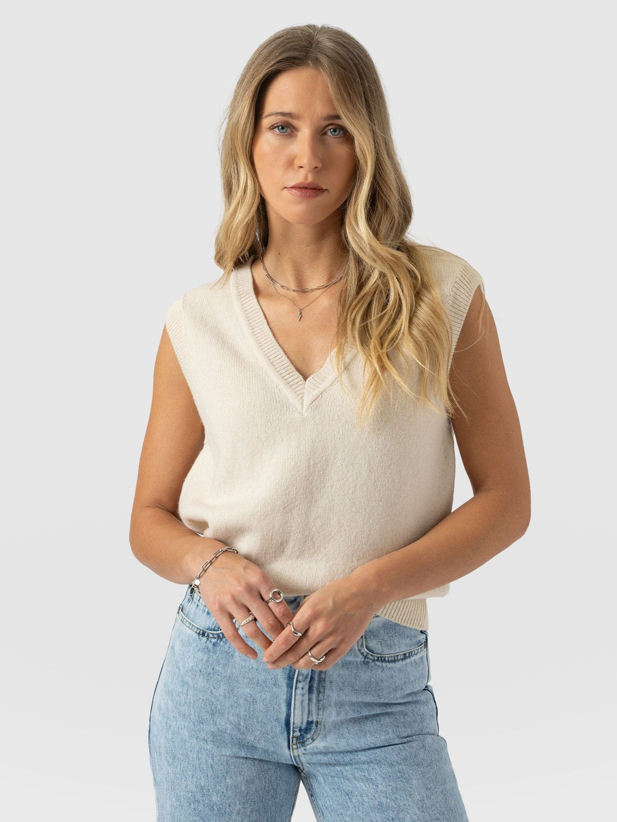 Oxford Cashmere V Neck Sleeveless Knit - Cream
