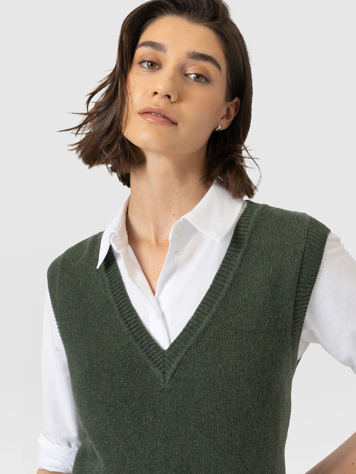 Oxford Cashmere V Neck Sleeveless Knit - Khaki