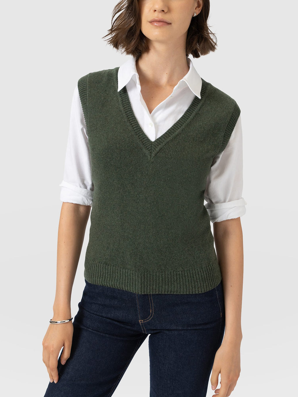 Oxford Cashmere V Neck Sleeveless Knit - Khaki