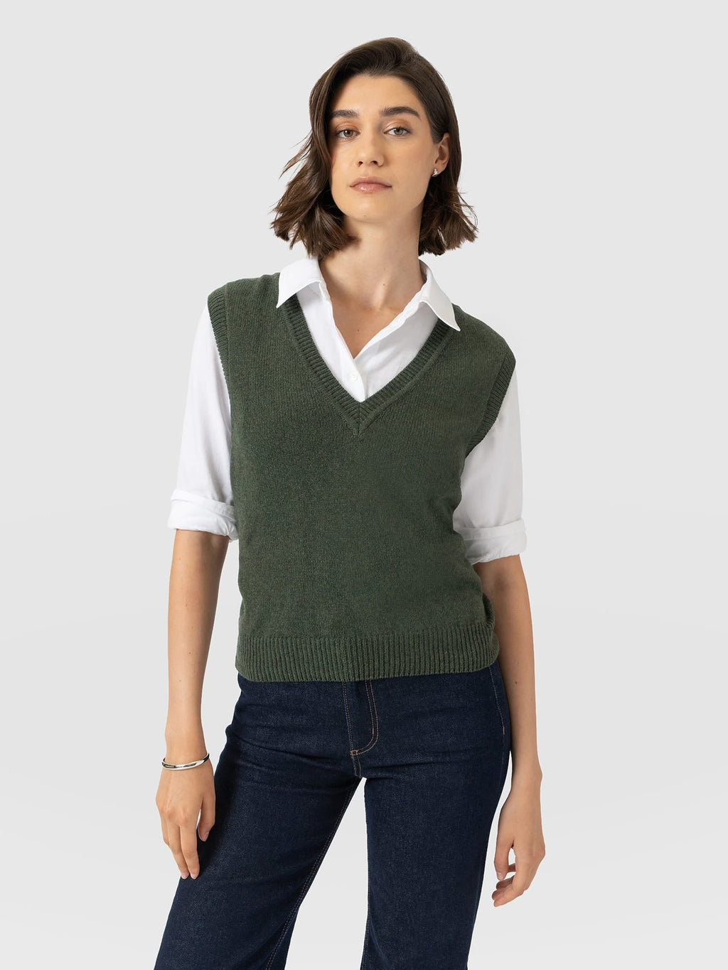 Oxford Cashmere V Neck Sleeveless Knit - Khaki