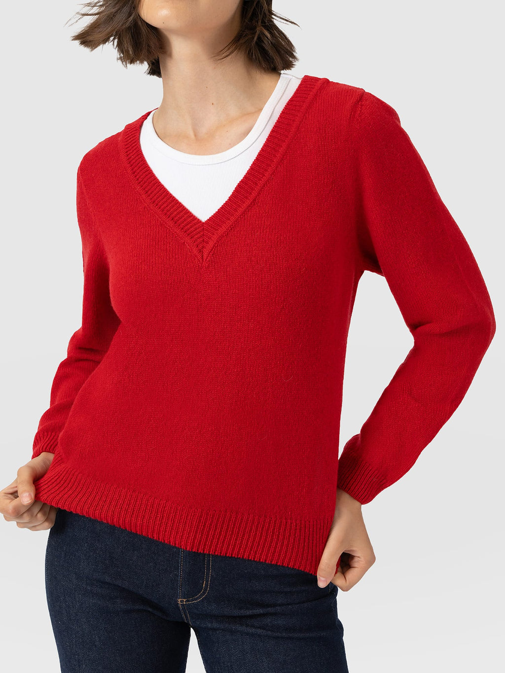 Oxford Cashmere V Neck Sweater - Red