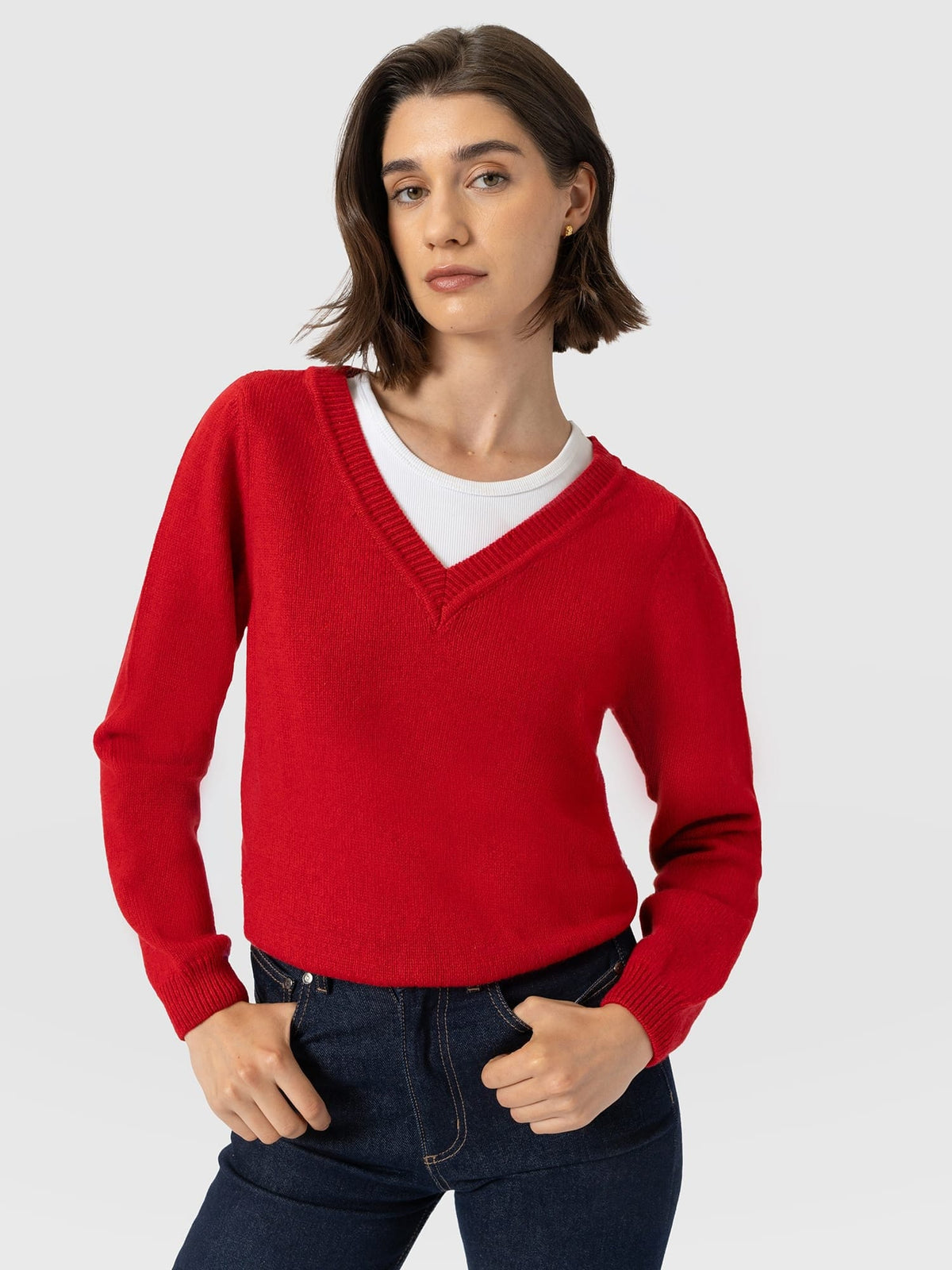 Oxford Cashmere V Neck Sweater - Red