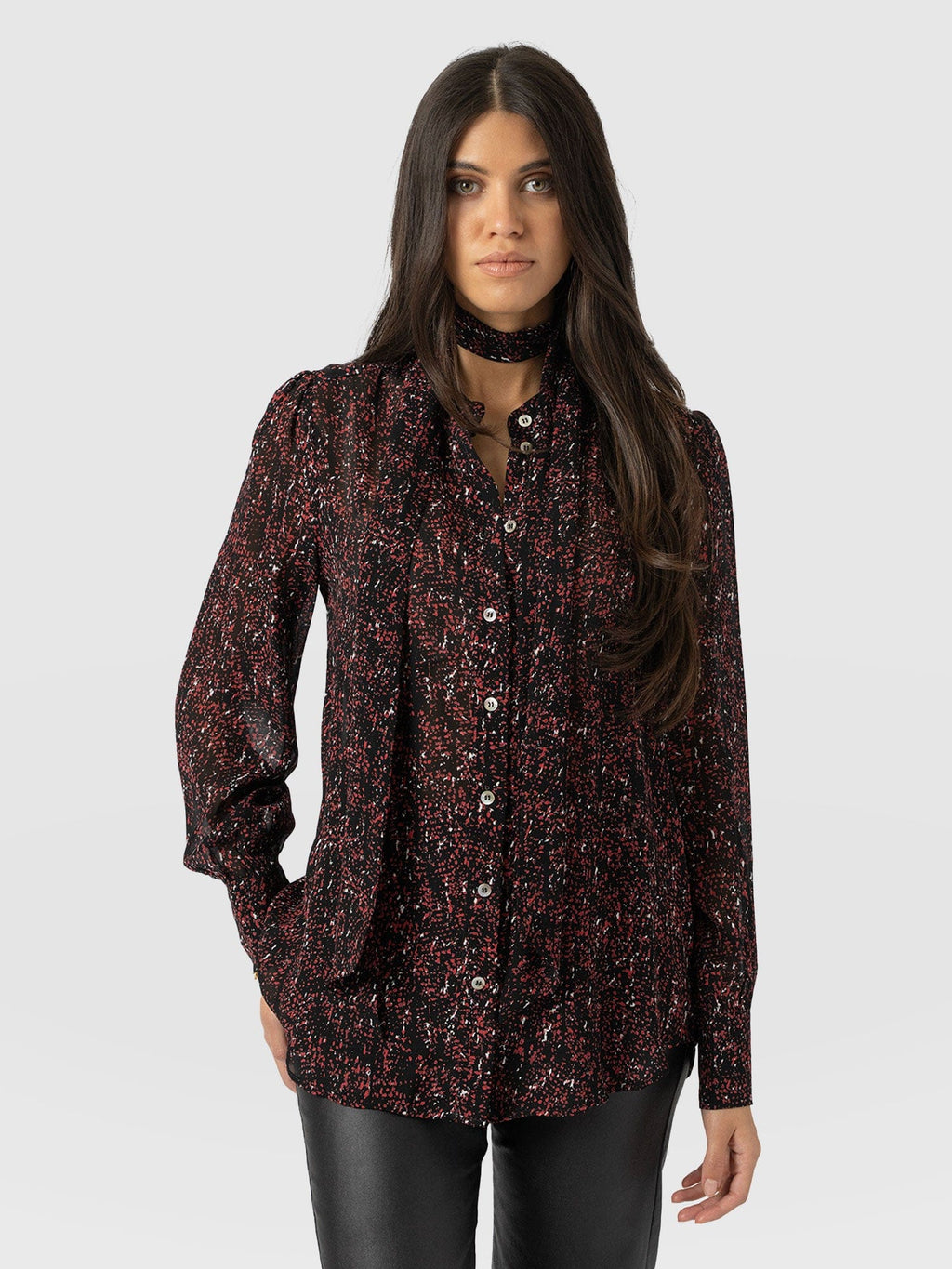 Paxton Pussybow Blouse - Red Ditsy Leopard