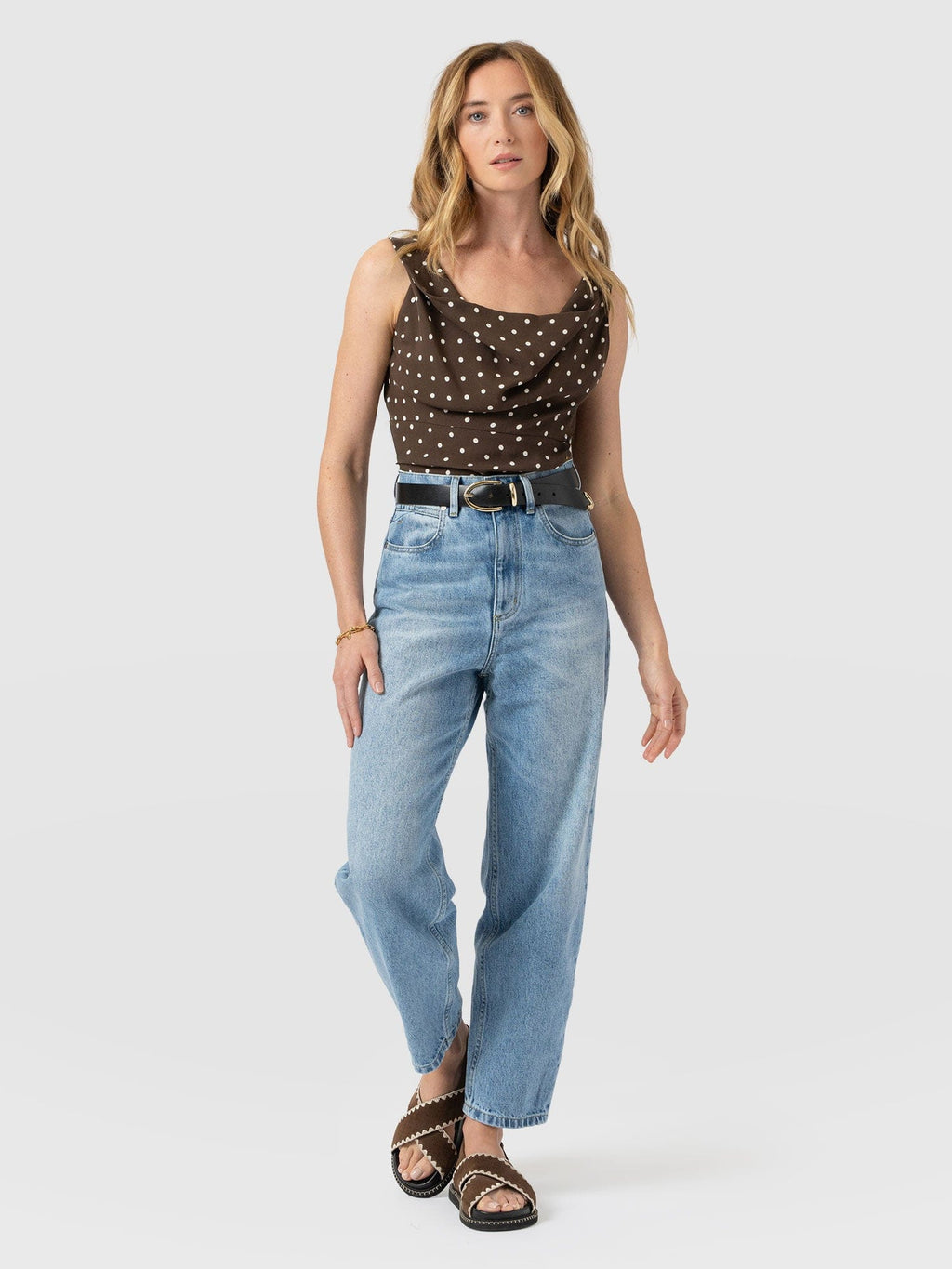 Raye Cowl Cami - Brown Polka Dot